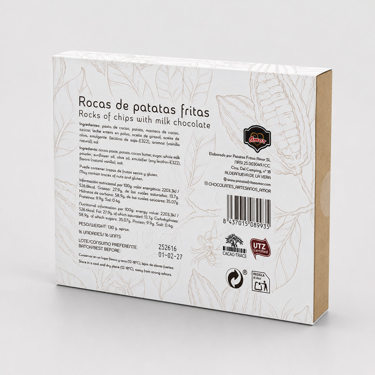 Caja de rocas de patatas fritas con chocolate (16 uds) "Amor"