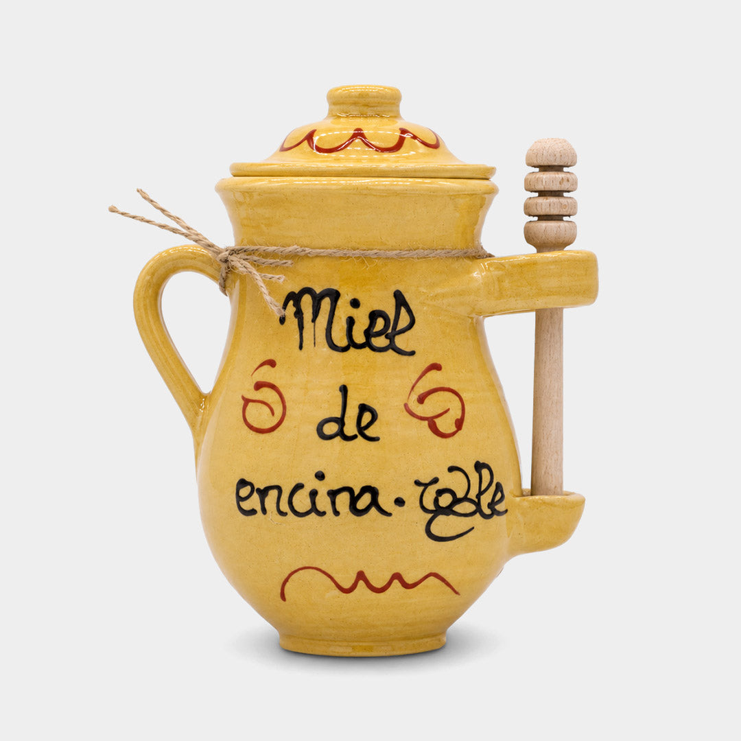 Miel en vasija de barro amarilla con catador de encina y roble "Val de Xalima"