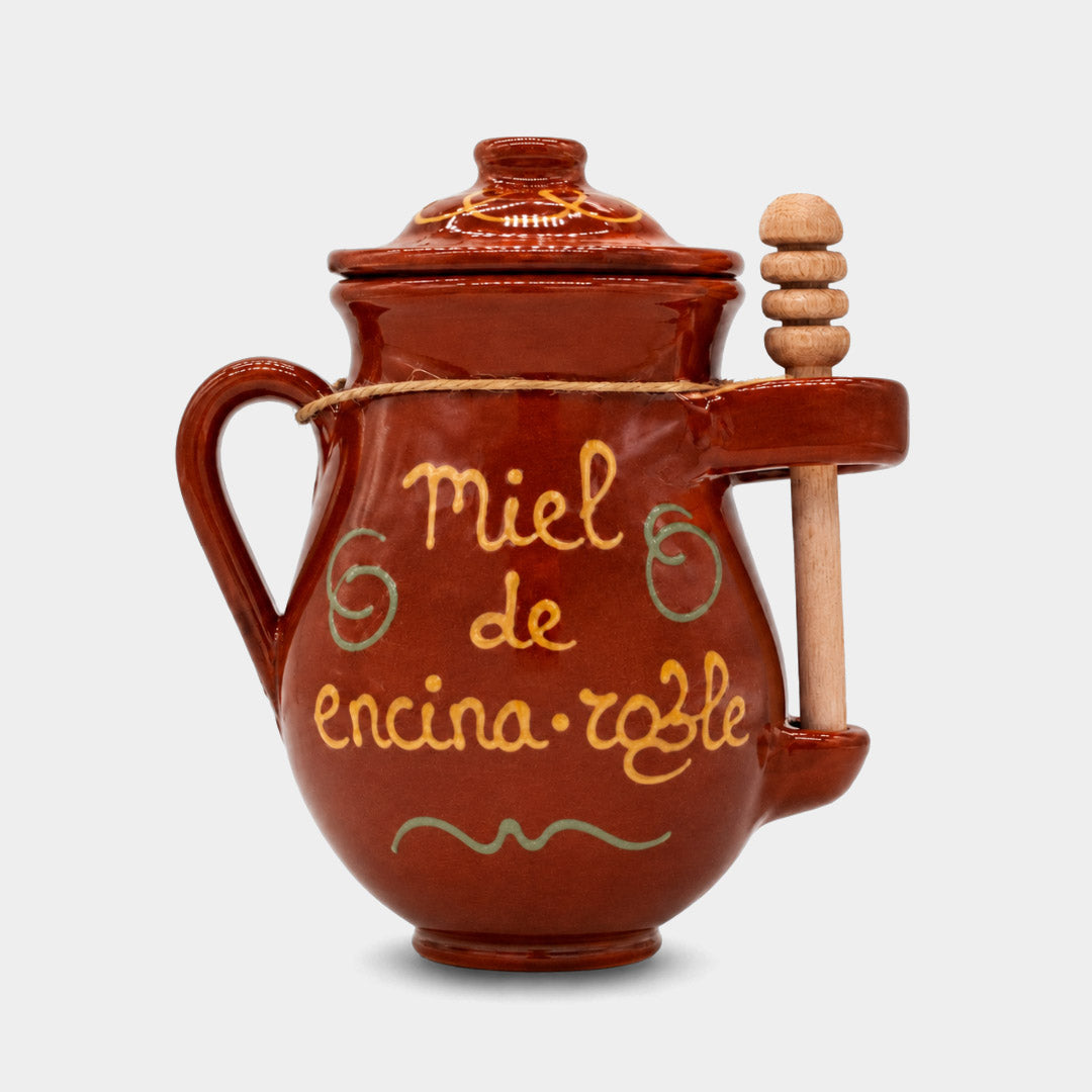Miel en vasija de barro roja con catador de encina y roble "Val de Xalima"
